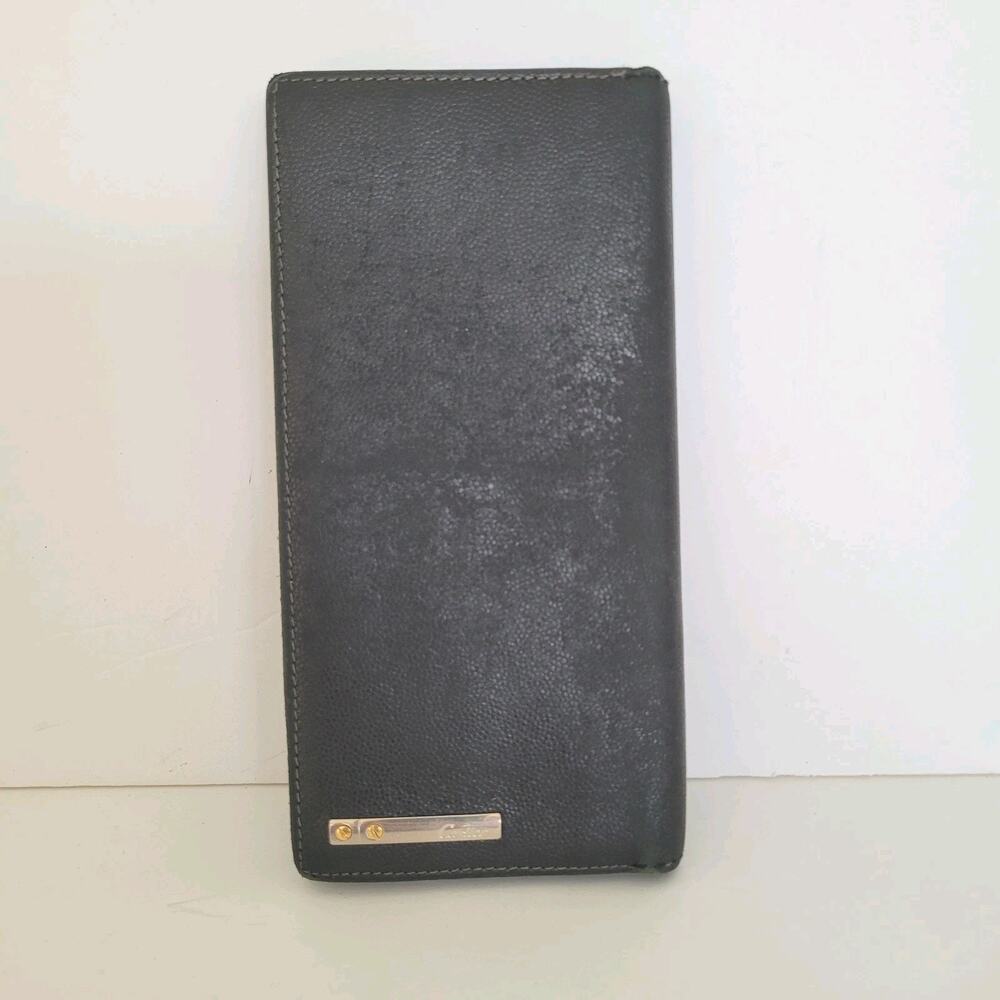 Cartier Santos Bifold Card Holder Checkbook Black Wallet Long Grain Leather‎